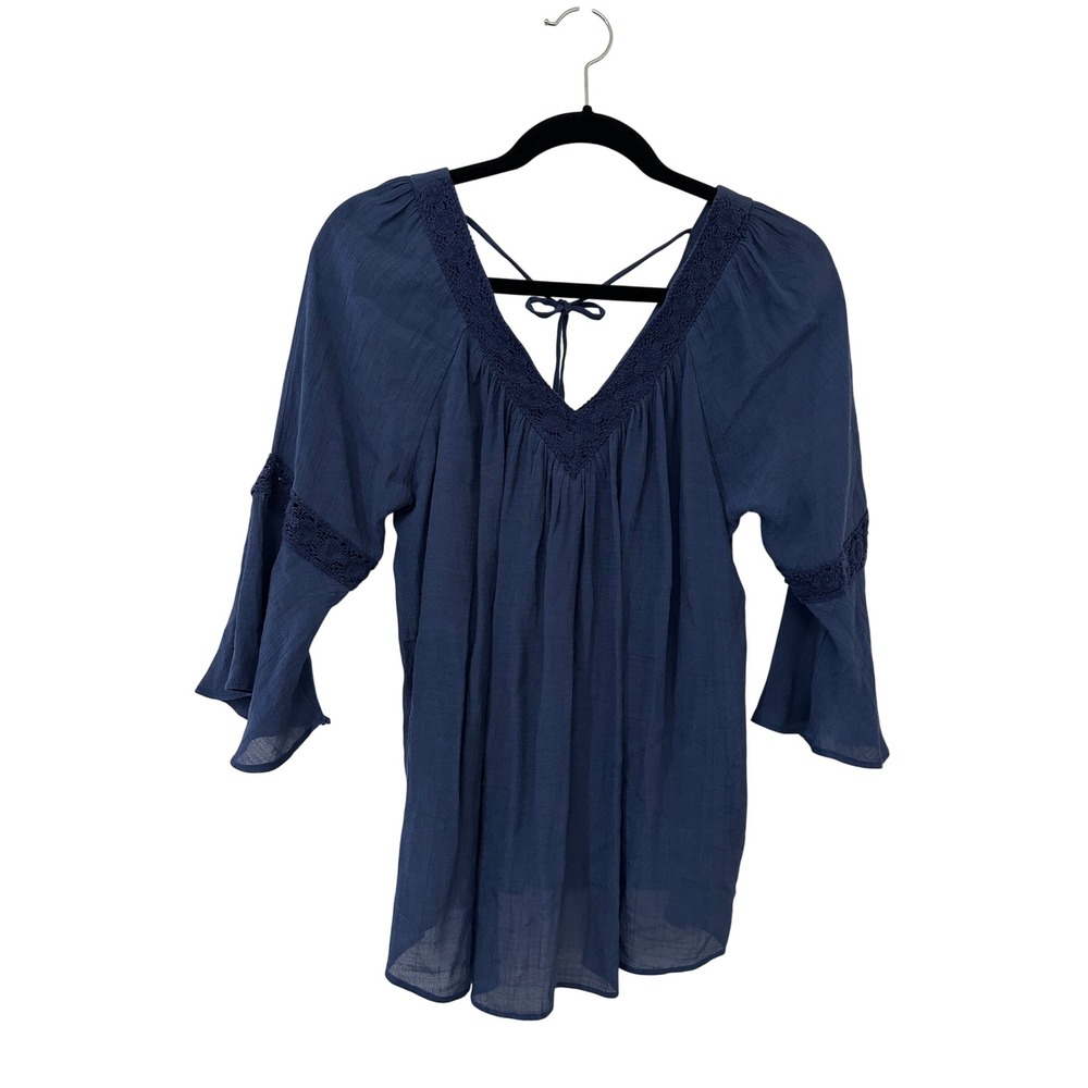 IZ Byer Navy Crochet Lace Trim Boho Peasant Blouse Bell Sleeve S Lightweight